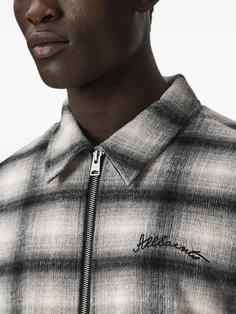 AllSaints Conduct check-pattern logo-embroidered shirt jacket Grijs