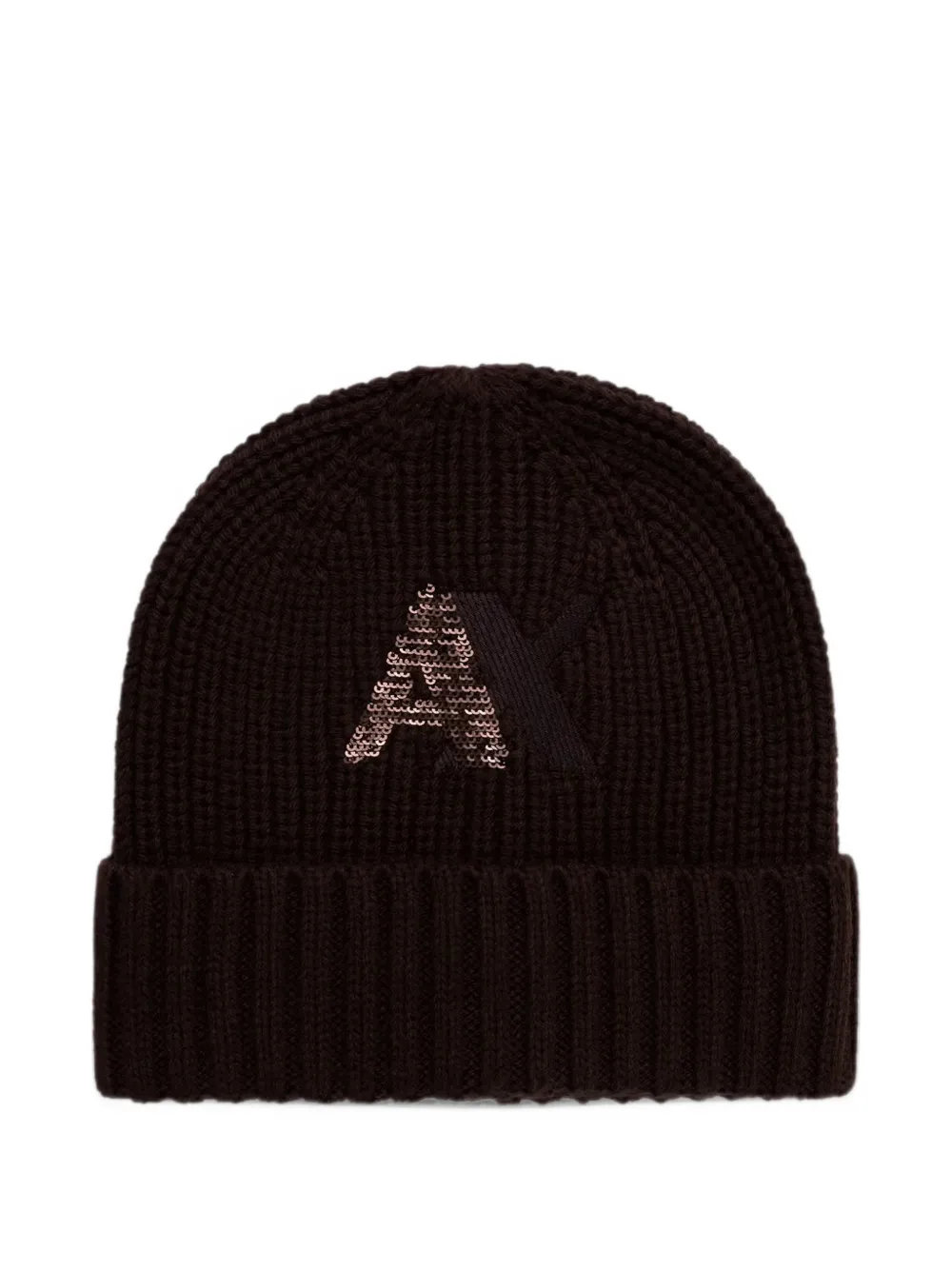 Armani Exchange sequin-logo ribbed-knit beanie hat Bruin