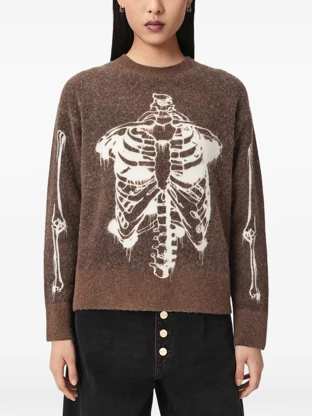 AllSaints Ribspill skeleton-print sweater Bruin