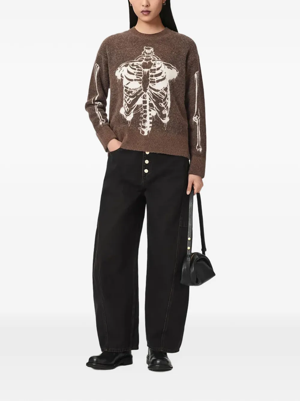 AllSaints Ribspill skeleton-print sweater Bruin