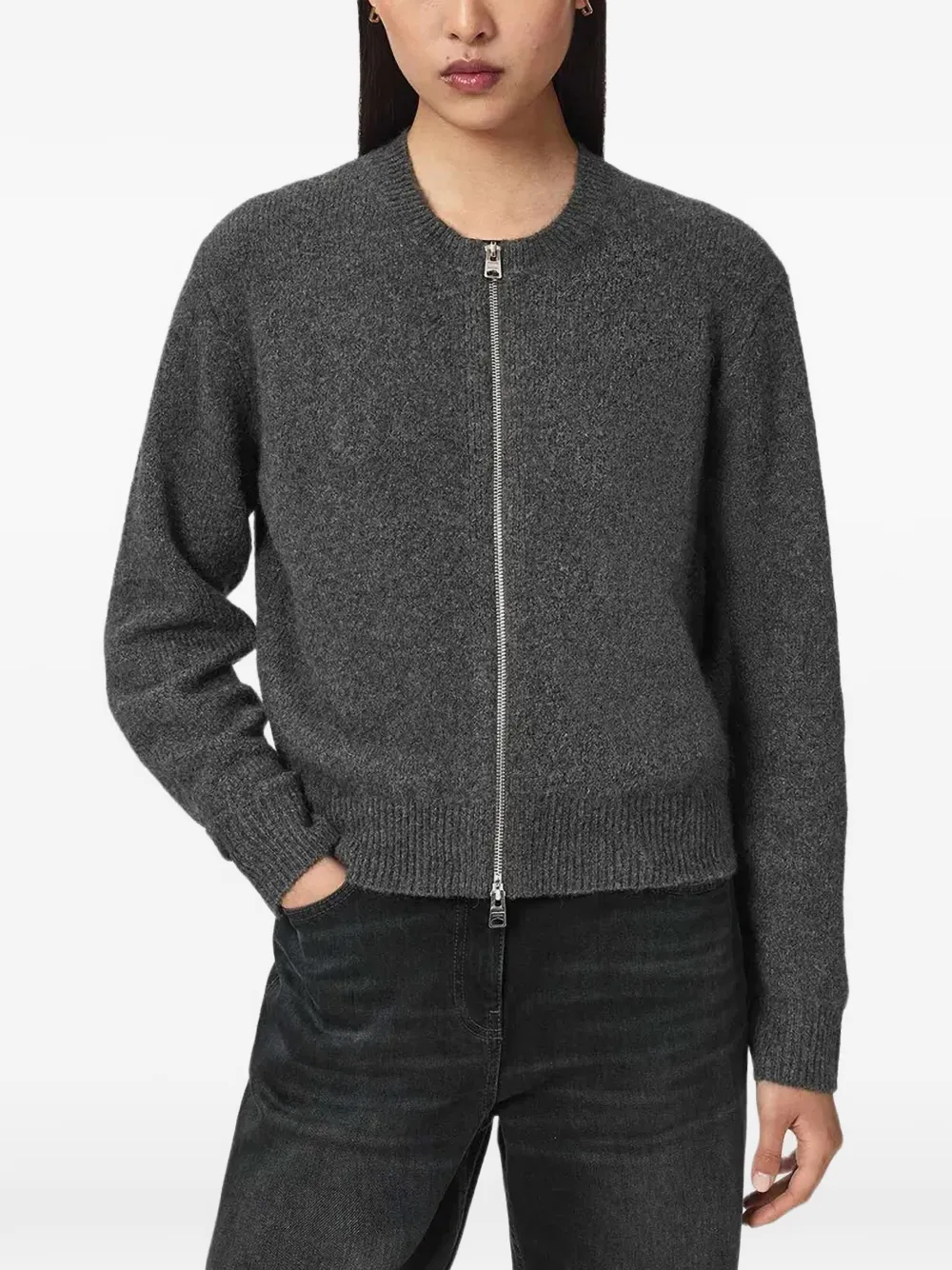 AllSaints Effie zip-up knitted cardigan Grijs