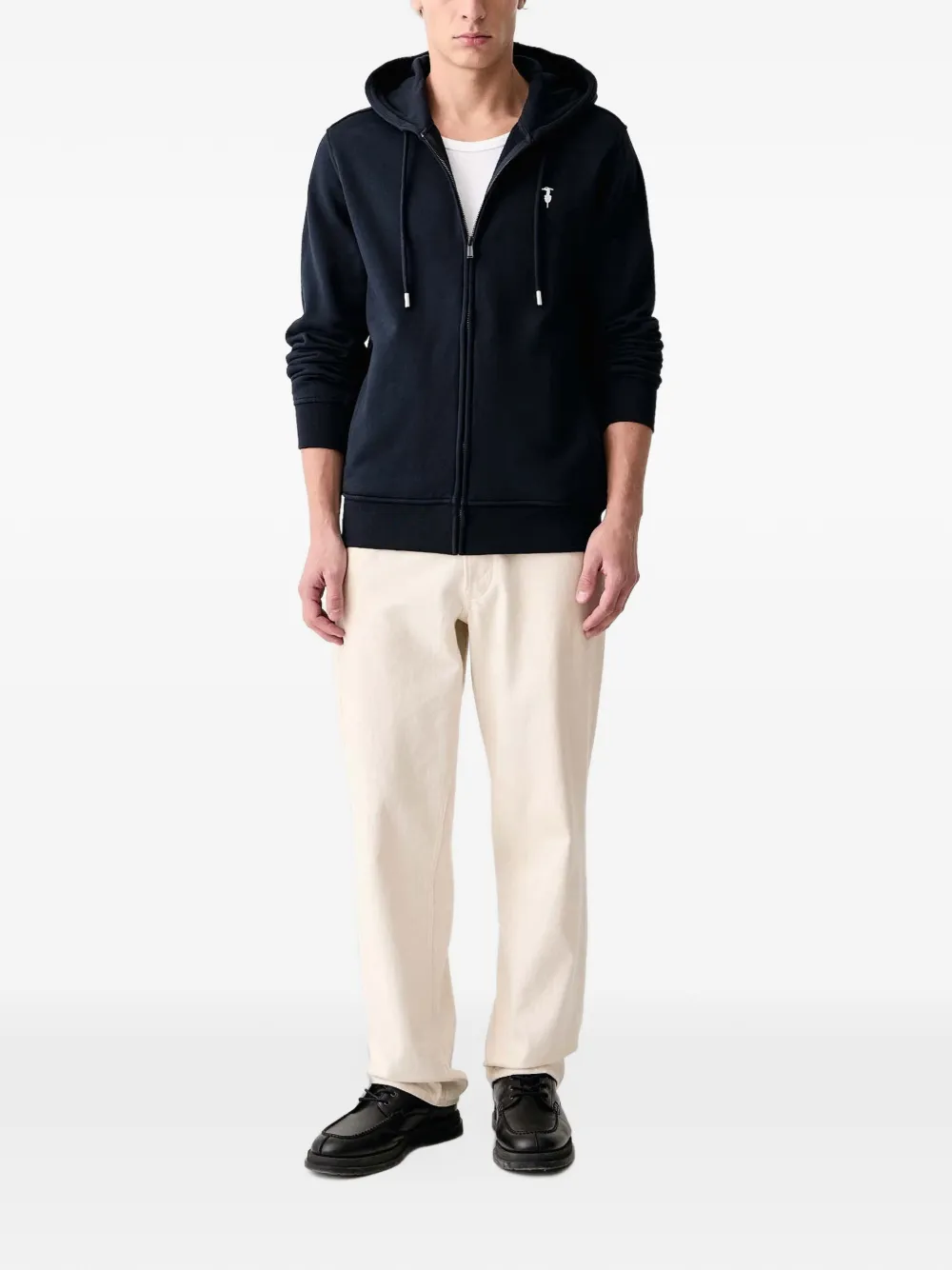 Trussardi logo-embroidered zip-up hoodie Blauw