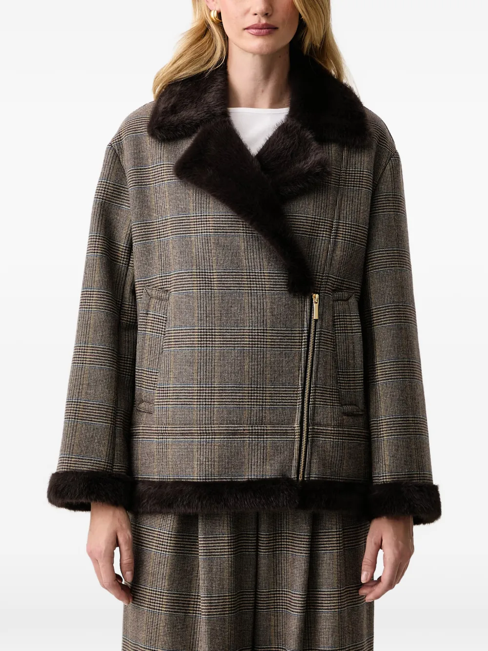 Armani Exchange check-pattern faux-fur-trim jacket - Marrone