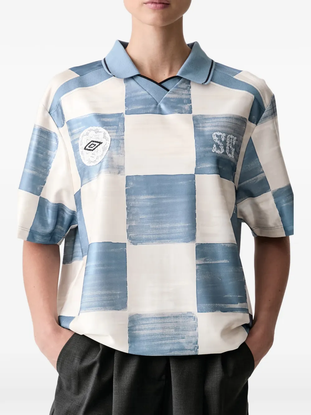 Stine Goya xUmbro checked lace-patch polo shirt Blauw