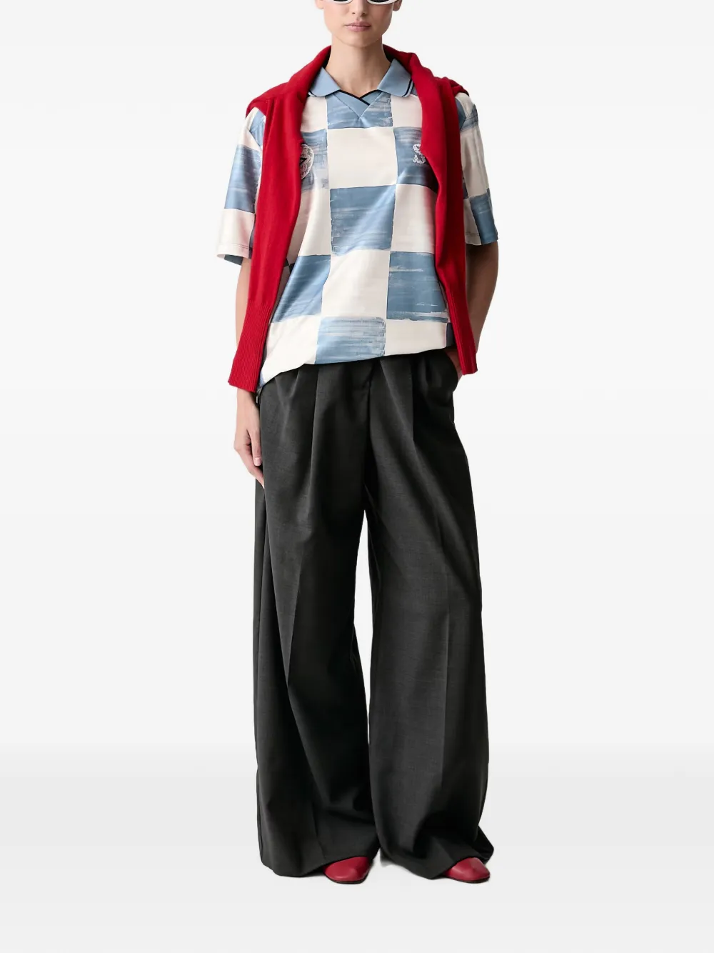 Stine Goya xUmbro checked lace-patch polo shirt Blauw