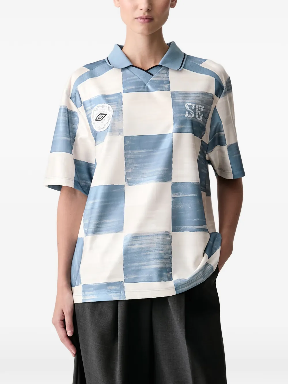 Stine Goya xUmbro checked lace-patch polo shirt Blauw