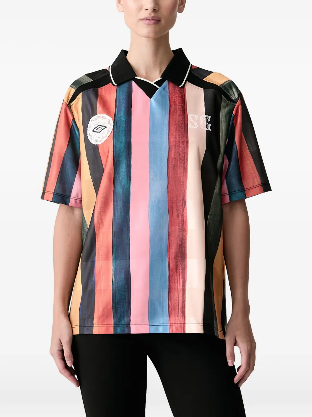 Stine Goya xUmbro vertical-stripe lace-patch polo shirt Zwart