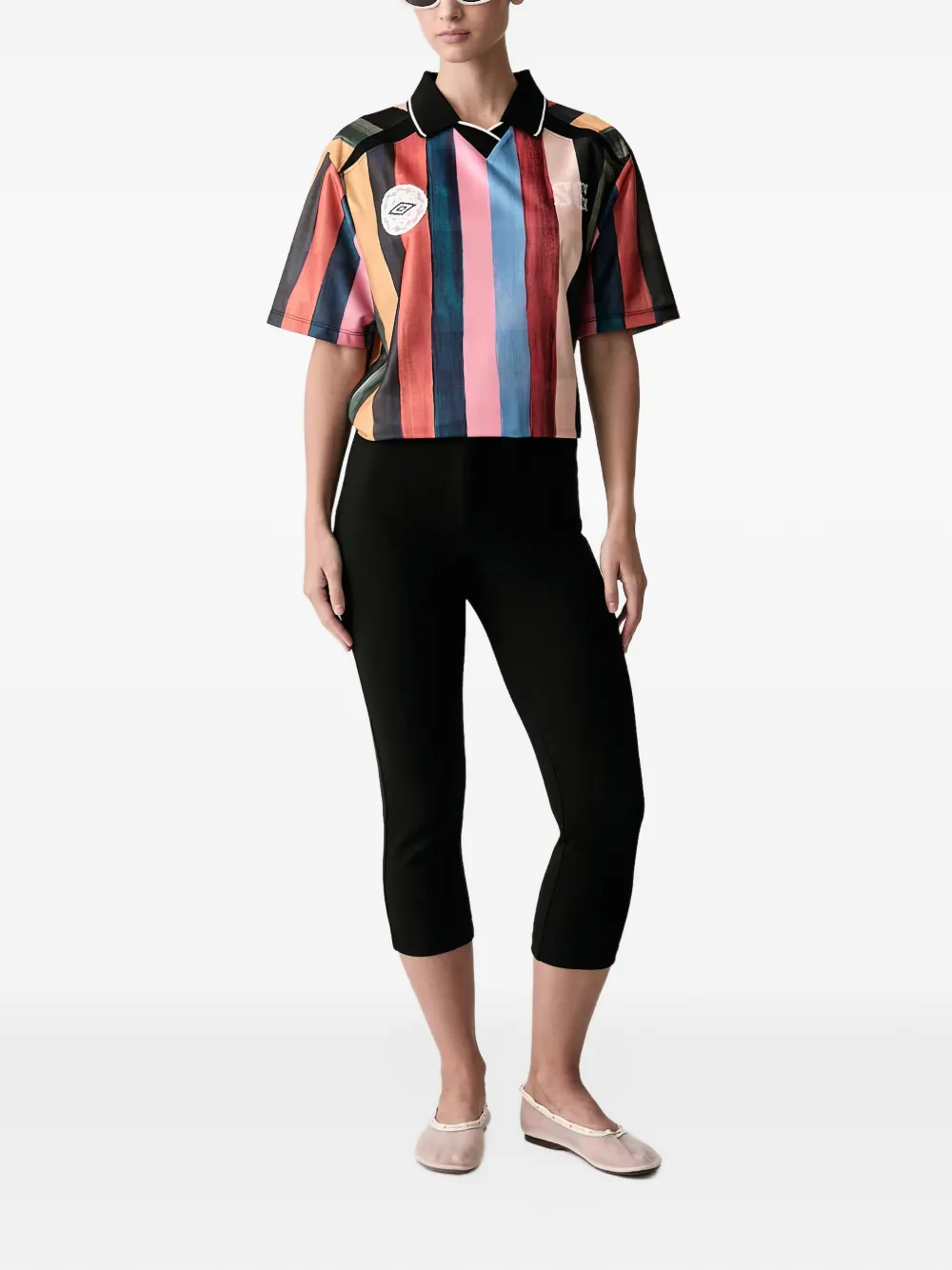 Stine Goya xUmbro vertical-stripe lace-patch polo shirt Zwart