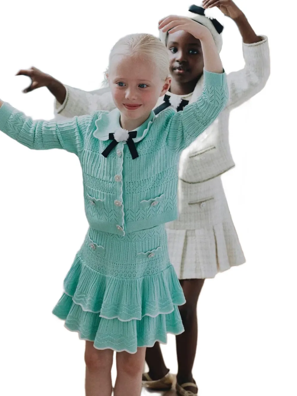 Self-Portrait Kids Pointellegebreid vest met strik-detail Groen