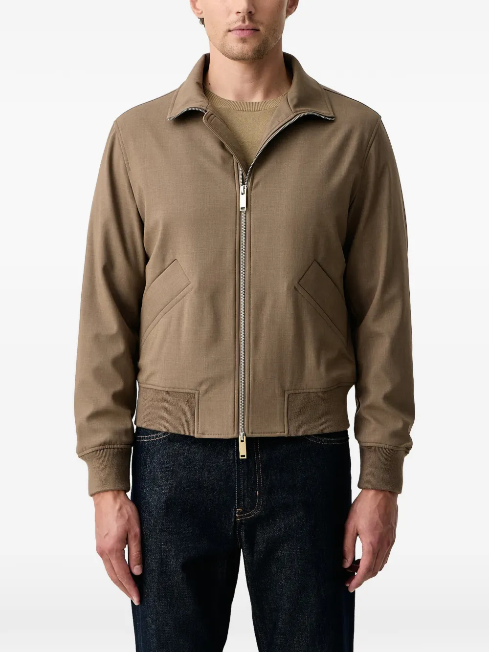 Sisley ribbed-trim zip-up jacket - Marrone