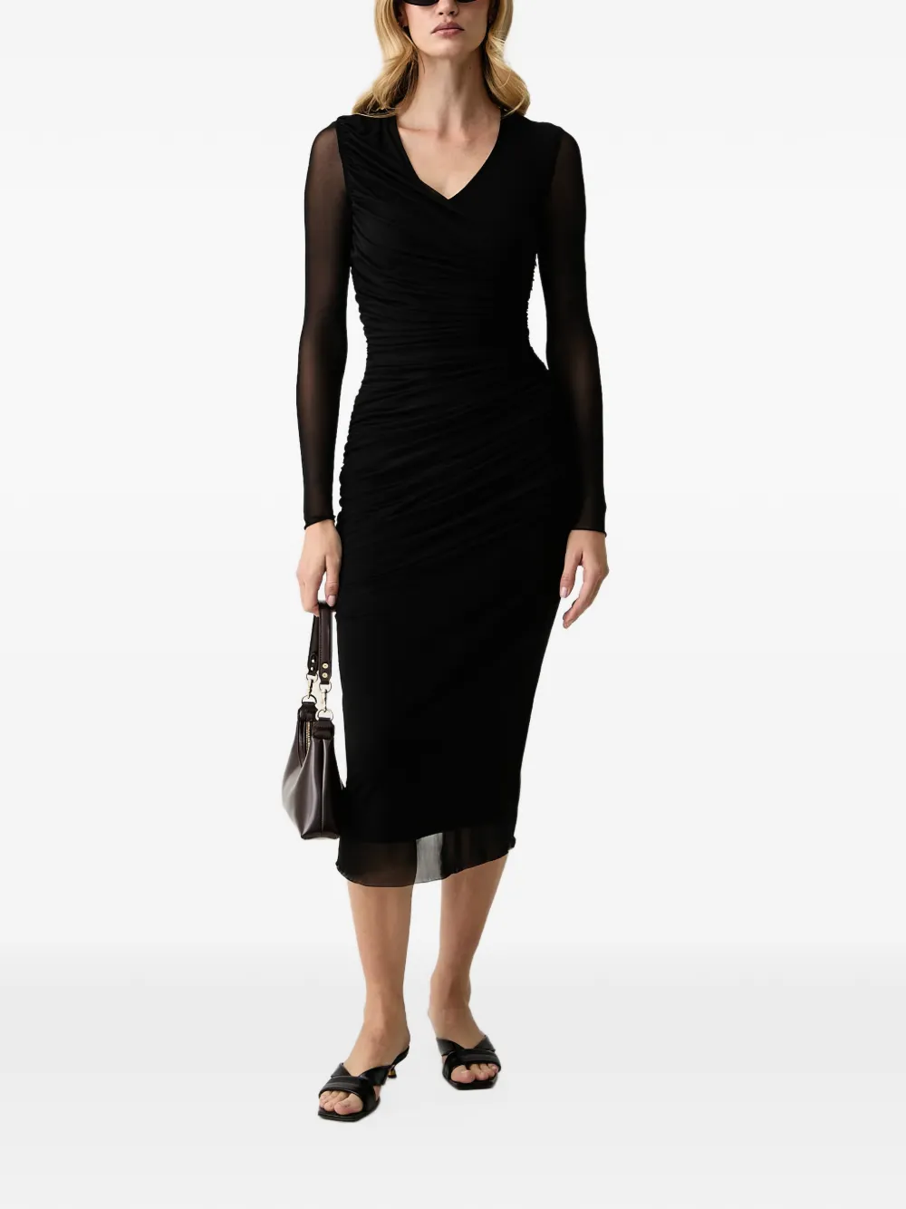 Silvian Heach ruched mesh-sleeve midi dress Zwart