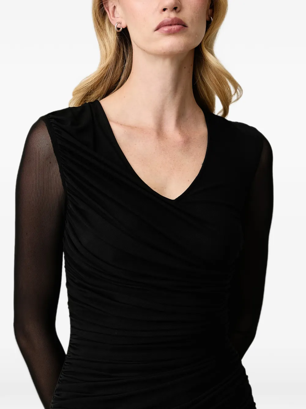Silvian Heach ruched mesh-sleeve midi dress Zwart