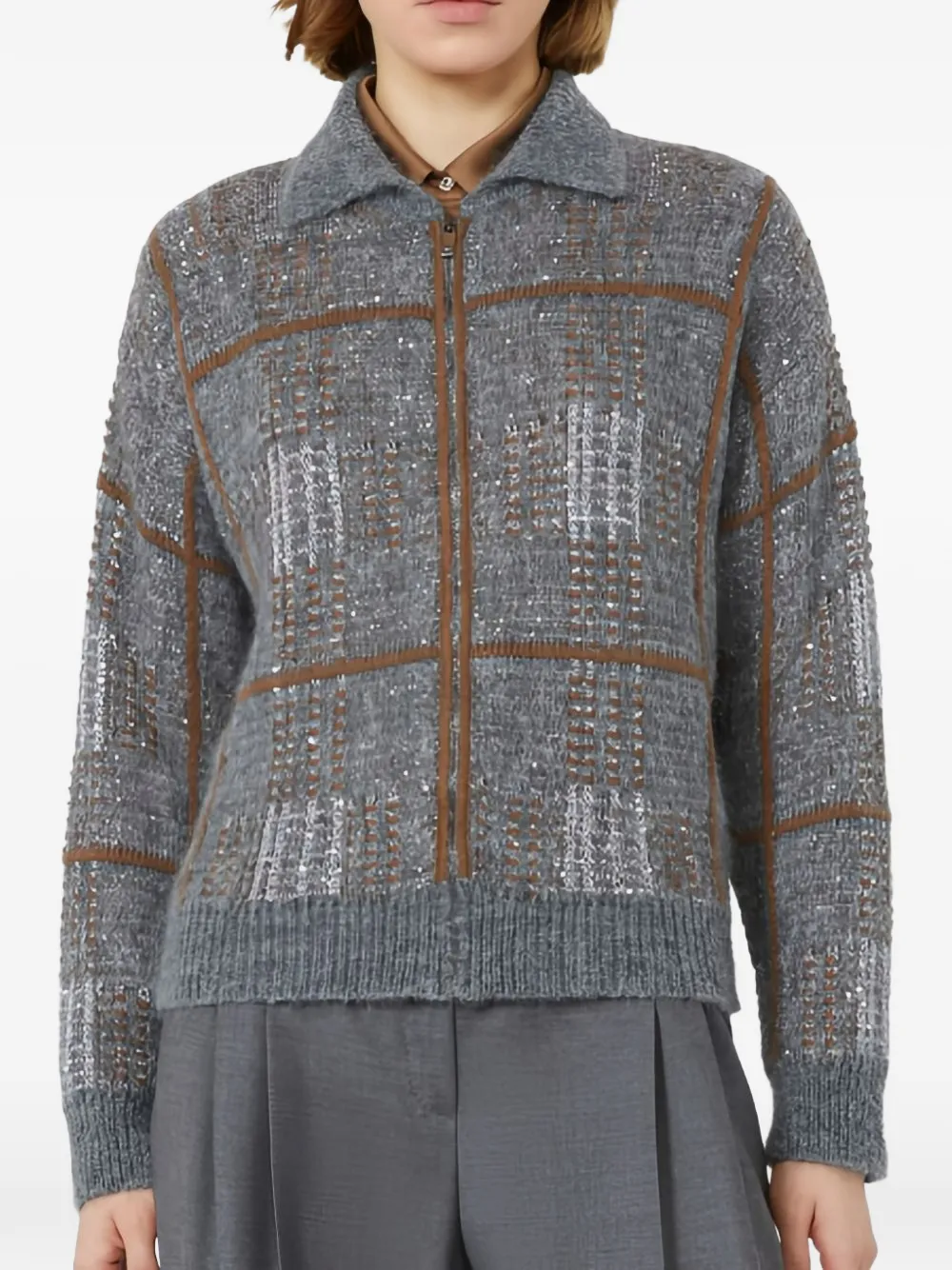 Max Mara jacquard wool mohair and cashmere cardigan Medium grey Grijs