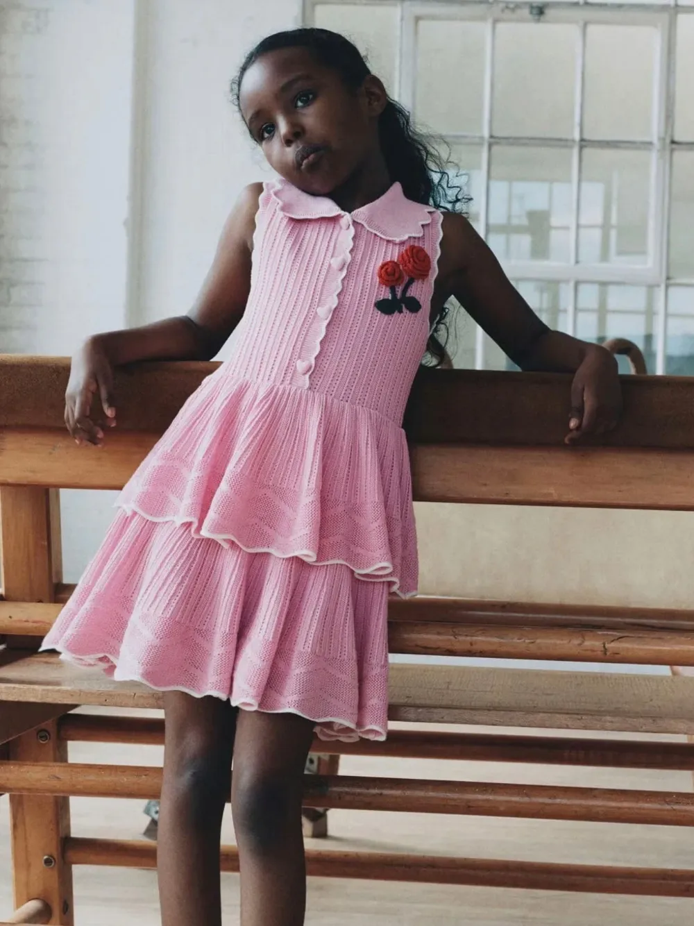 Self-Portrait Kids tiered pointelle-knit dress Roze