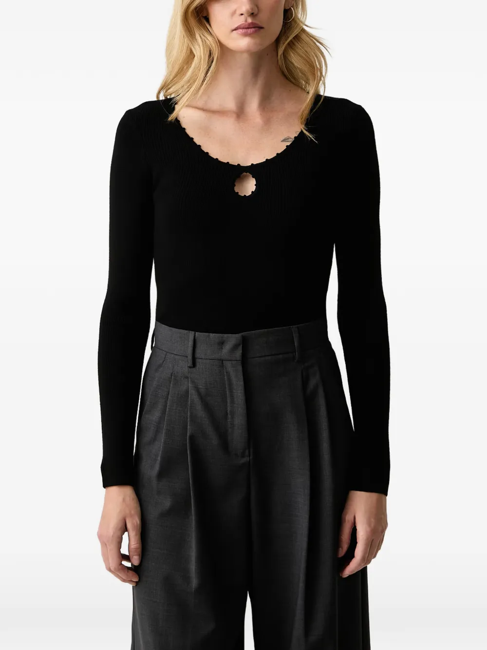 Silvian Heach ribbed-knit scalloped-edge sweater Zwart