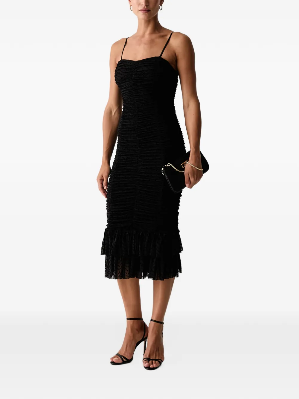 Silvian Heach ruched ruffled midi dress Zwart