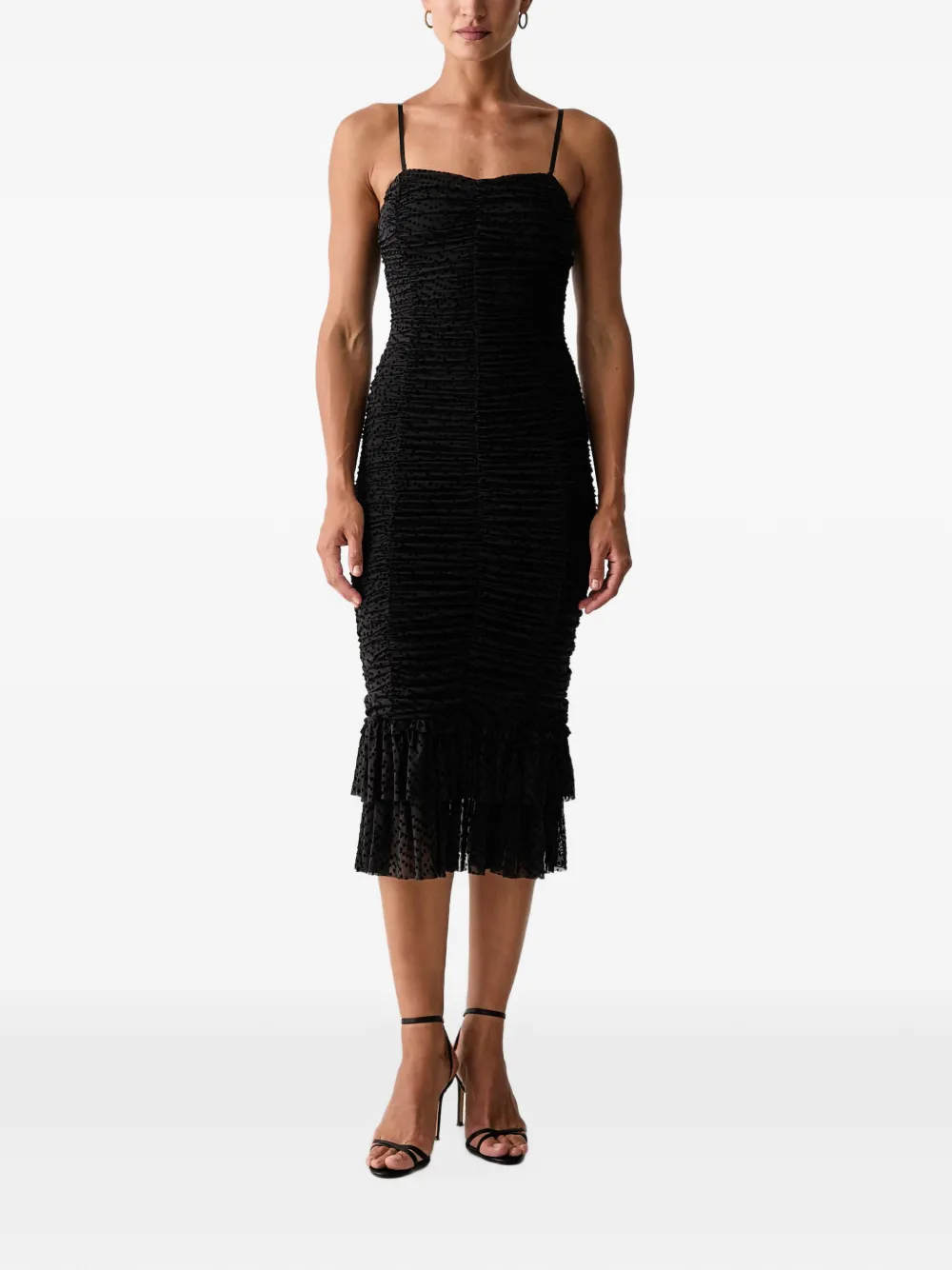 Silvian Heach ruched ruffled midi dress Zwart