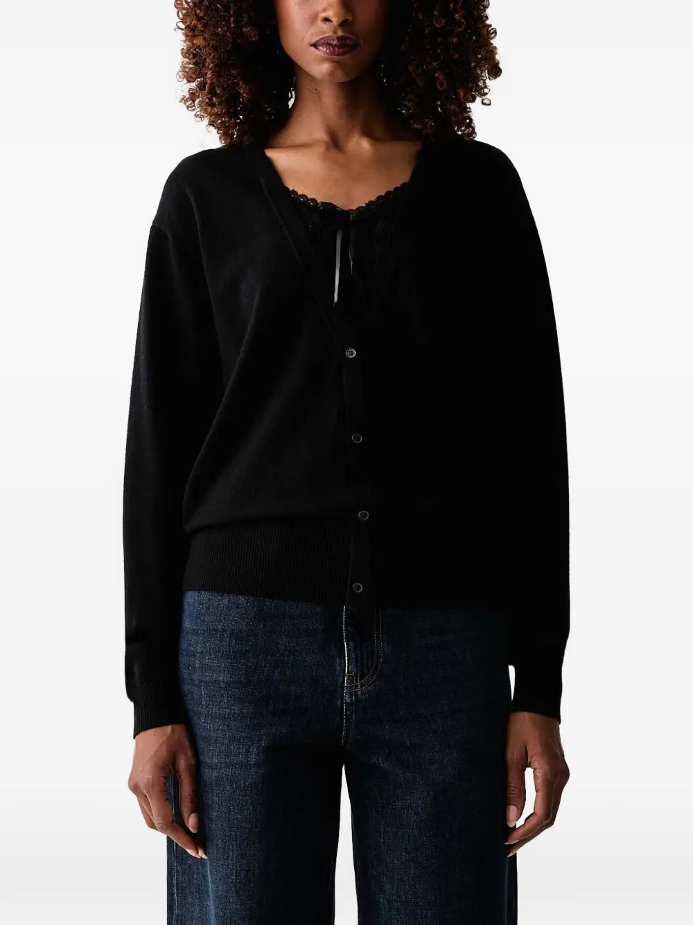 Silvian Heach Essential lace-trim V-neck cardigan - Nero