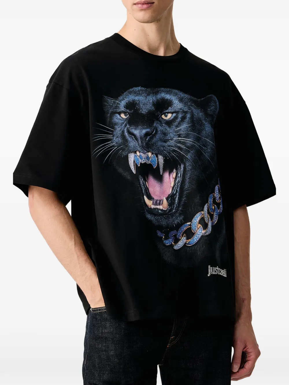 Just Cavalli panther-print rhinestone-embellished T-shirt Zwart