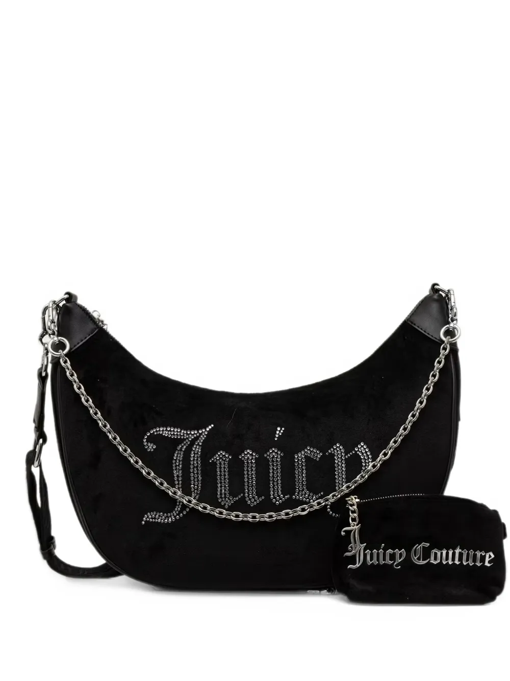 Juicy Couture Kimberly rhinestone-logo velvet shoulder bag Zwart