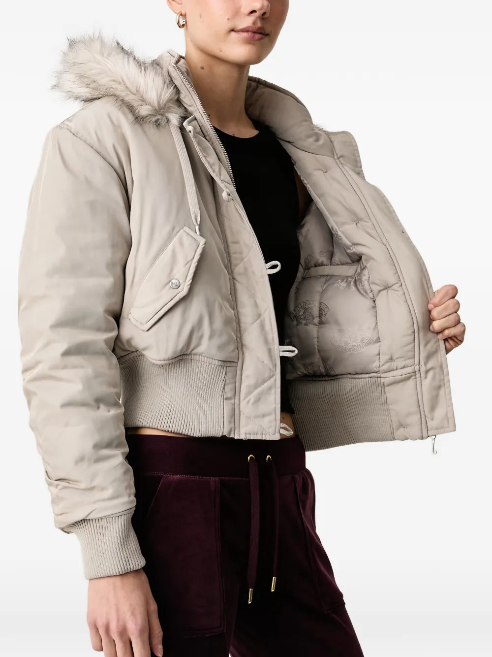 Juicy Couture Camille faux-fur trim embroidered jacket Beige