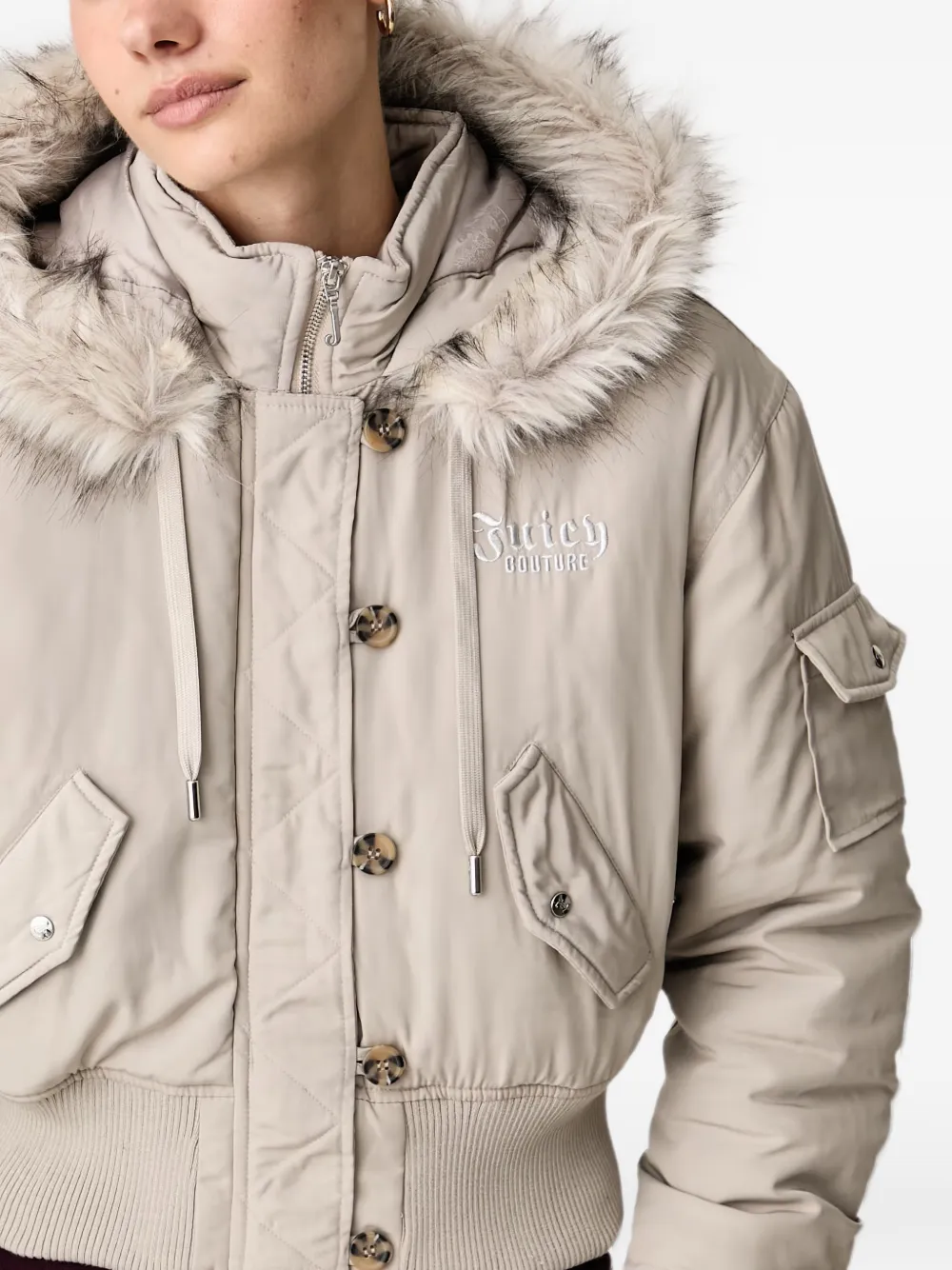 Juicy Couture Camille faux-fur trim embroidered jacket Beige