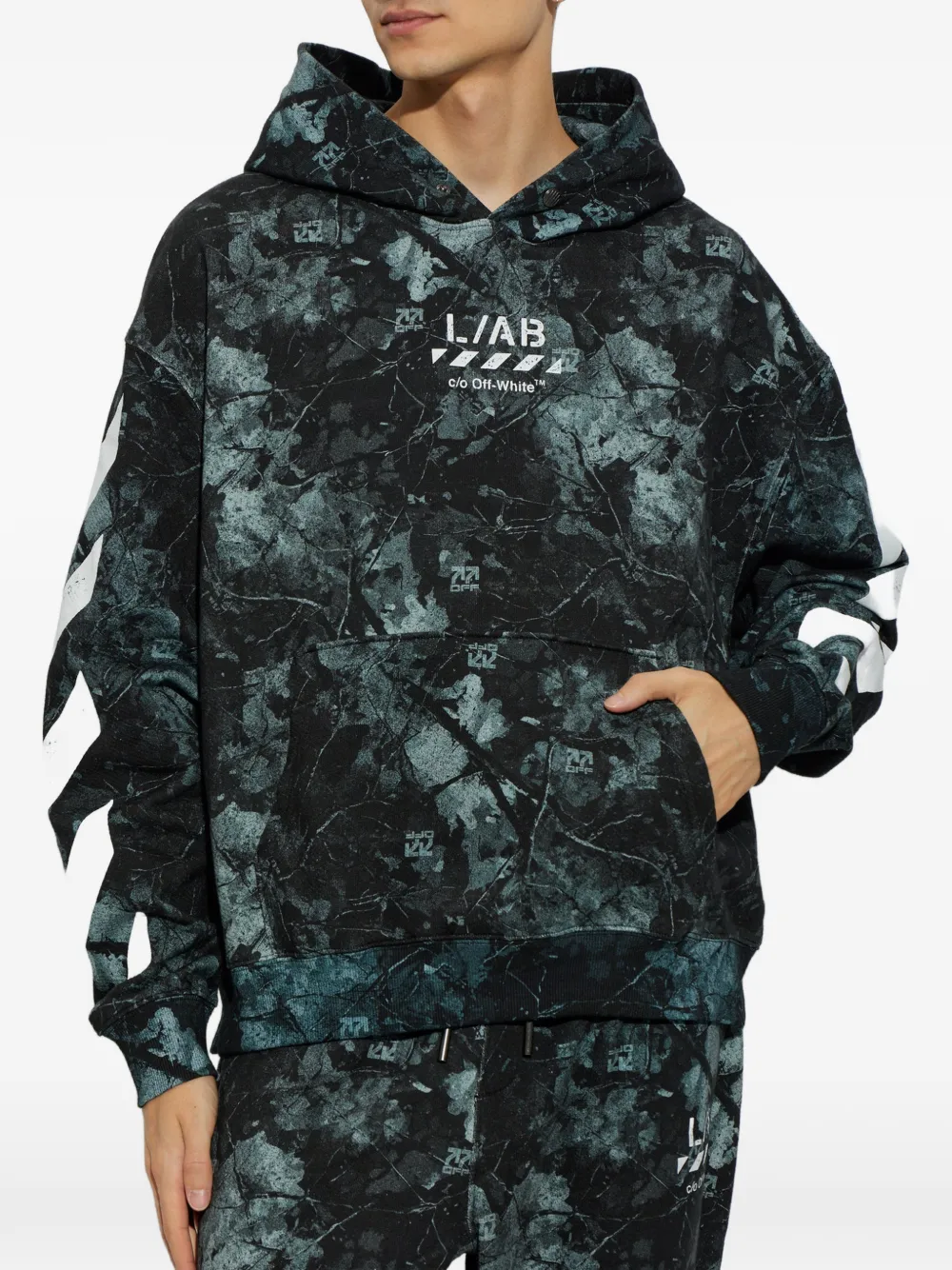 L ab c o Off-White marble-print logo-print hoodie Zwart