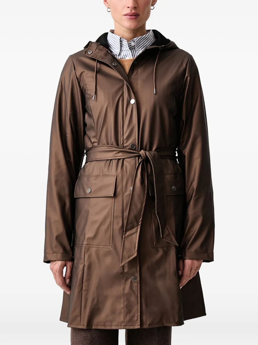 Rains Curve belted hooded coat - Marrone
