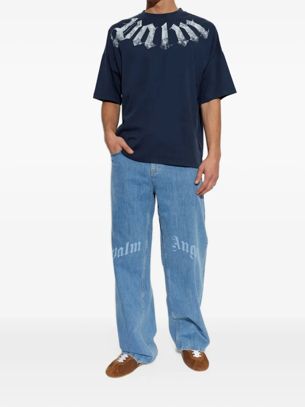 Palm Angels Big Neck logo loose T-shirtr Blauw