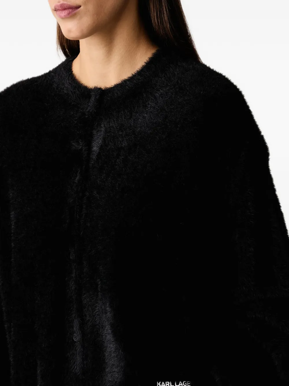 Karl Lagerfeld Jeans fuzzy-knit logo-embroidered cardigan Zwart