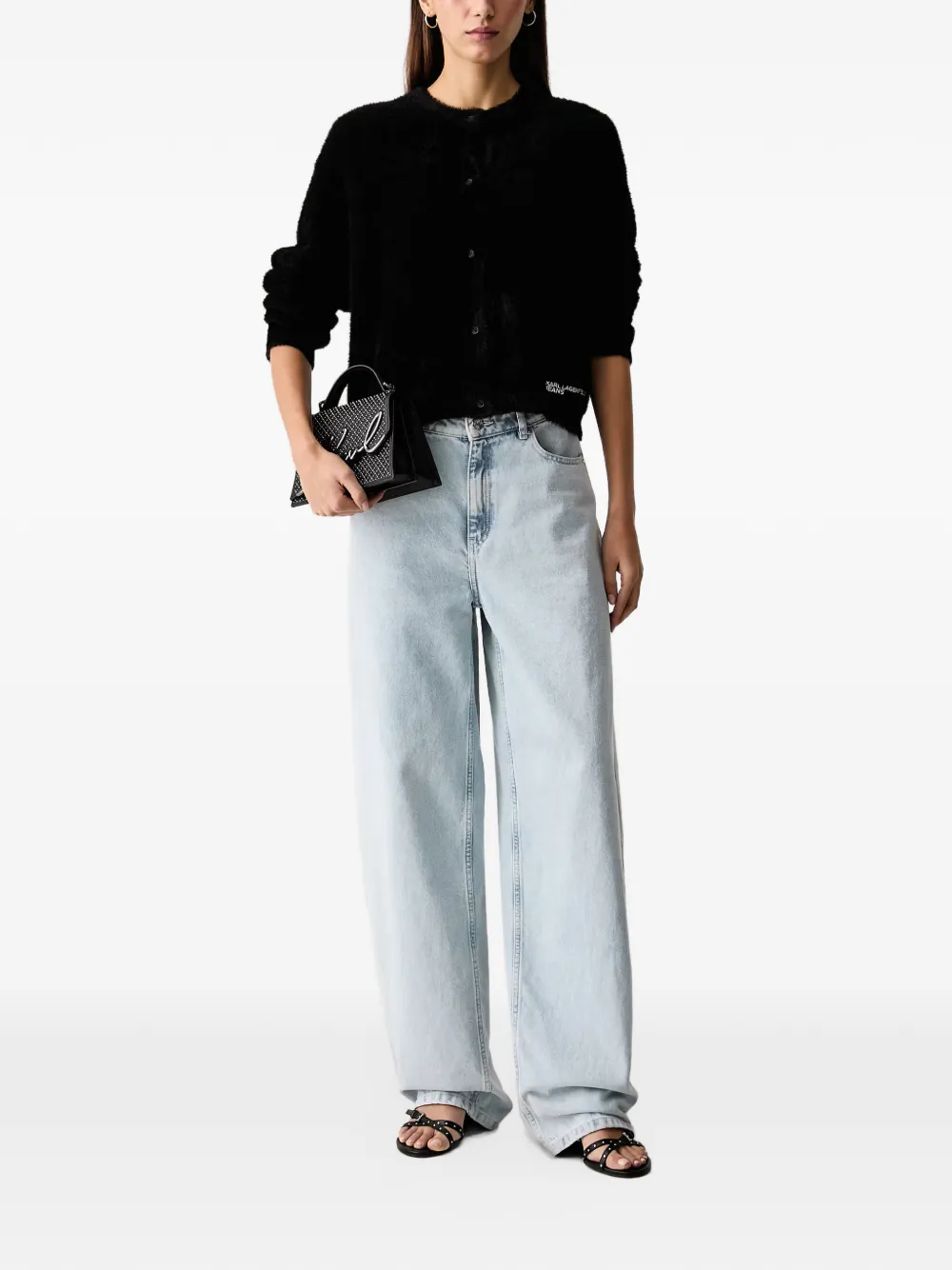 Karl Lagerfeld Jeans fuzzy-knit logo-embroidered cardigan Zwart