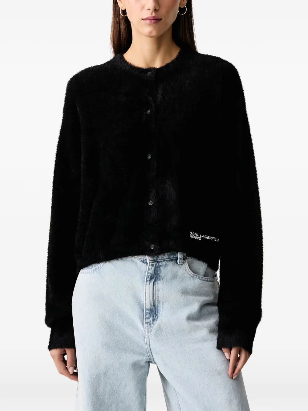 Karl Lagerfeld Jeans fuzzy-knit logo-embroidered cardigan Zwart