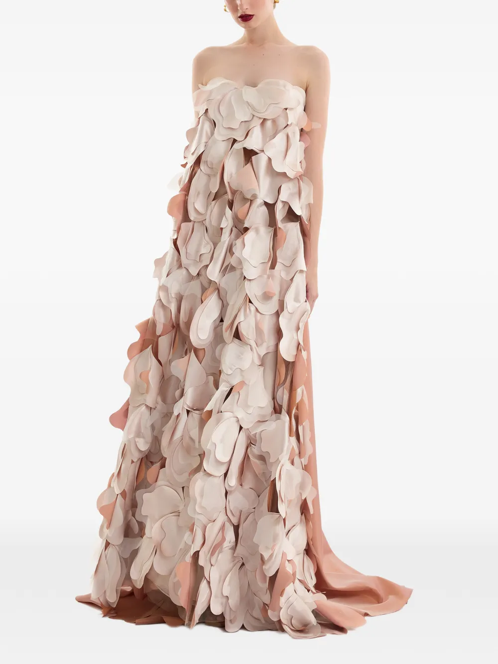 Gemy Maalouf Strapless avondjurk verfraaid met bloemblaadjes Beige