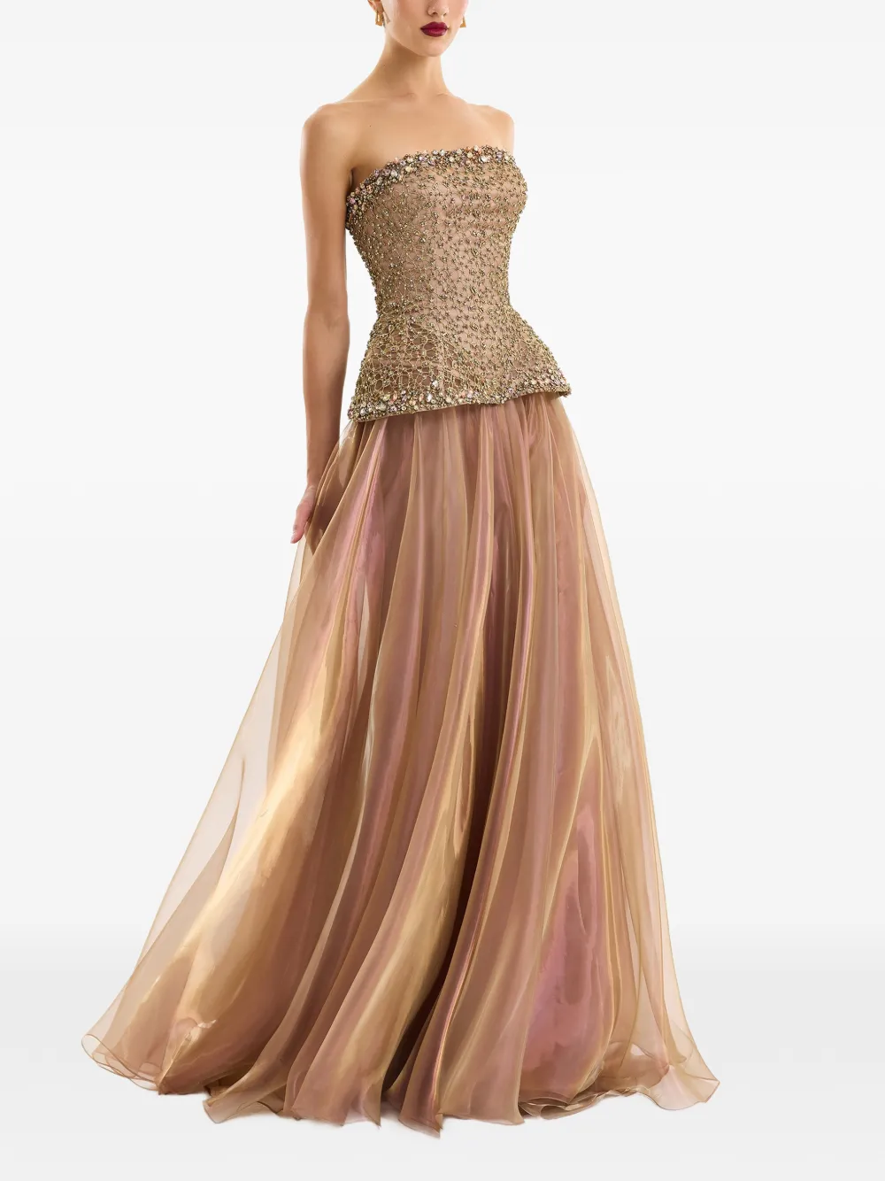 Gemy Maalouf Strapless avondjurk met kralen Beige