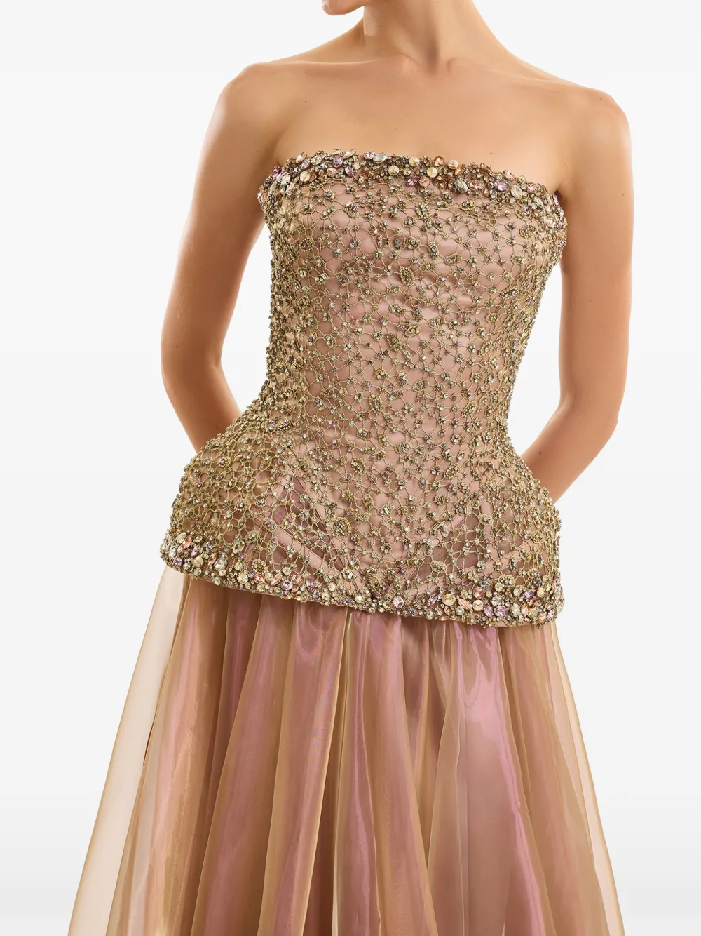 Gemy Maalouf Strapless avondjurk met kralen Beige