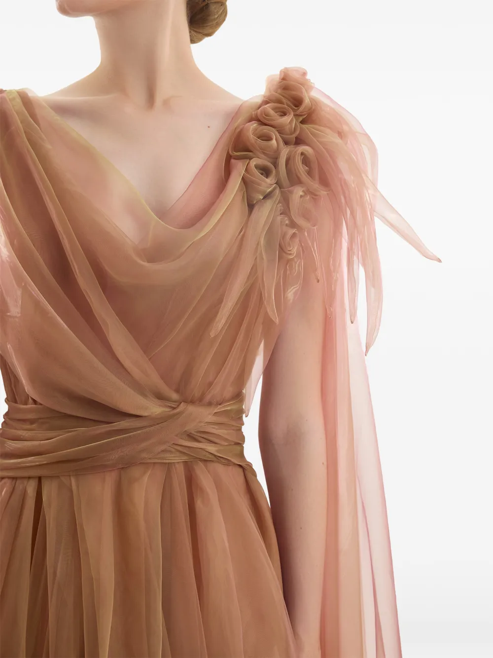 Gemy Maalouf Gedrapeerde avondjurk verfraaid met bloemen Beige