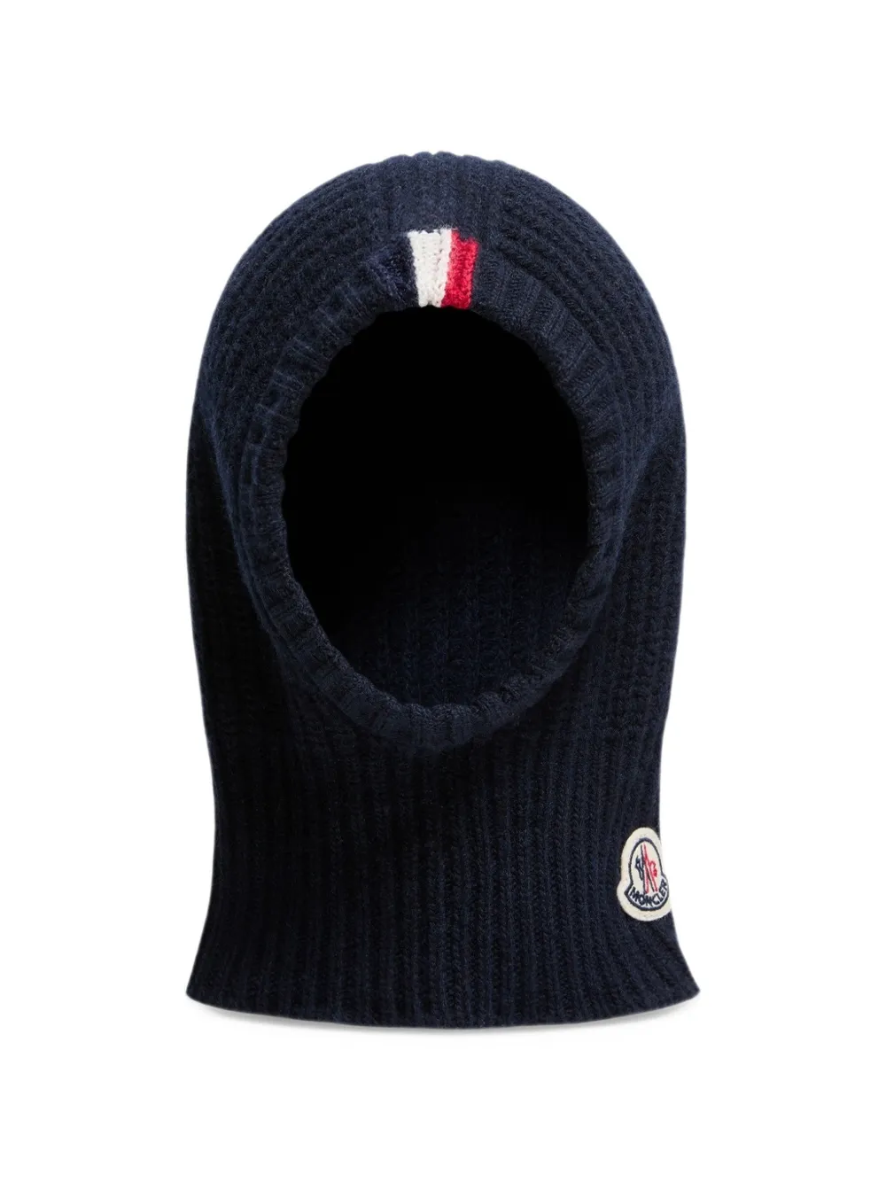 Moncler Enfant logo-patch ribbed-knit balaclava Blauw