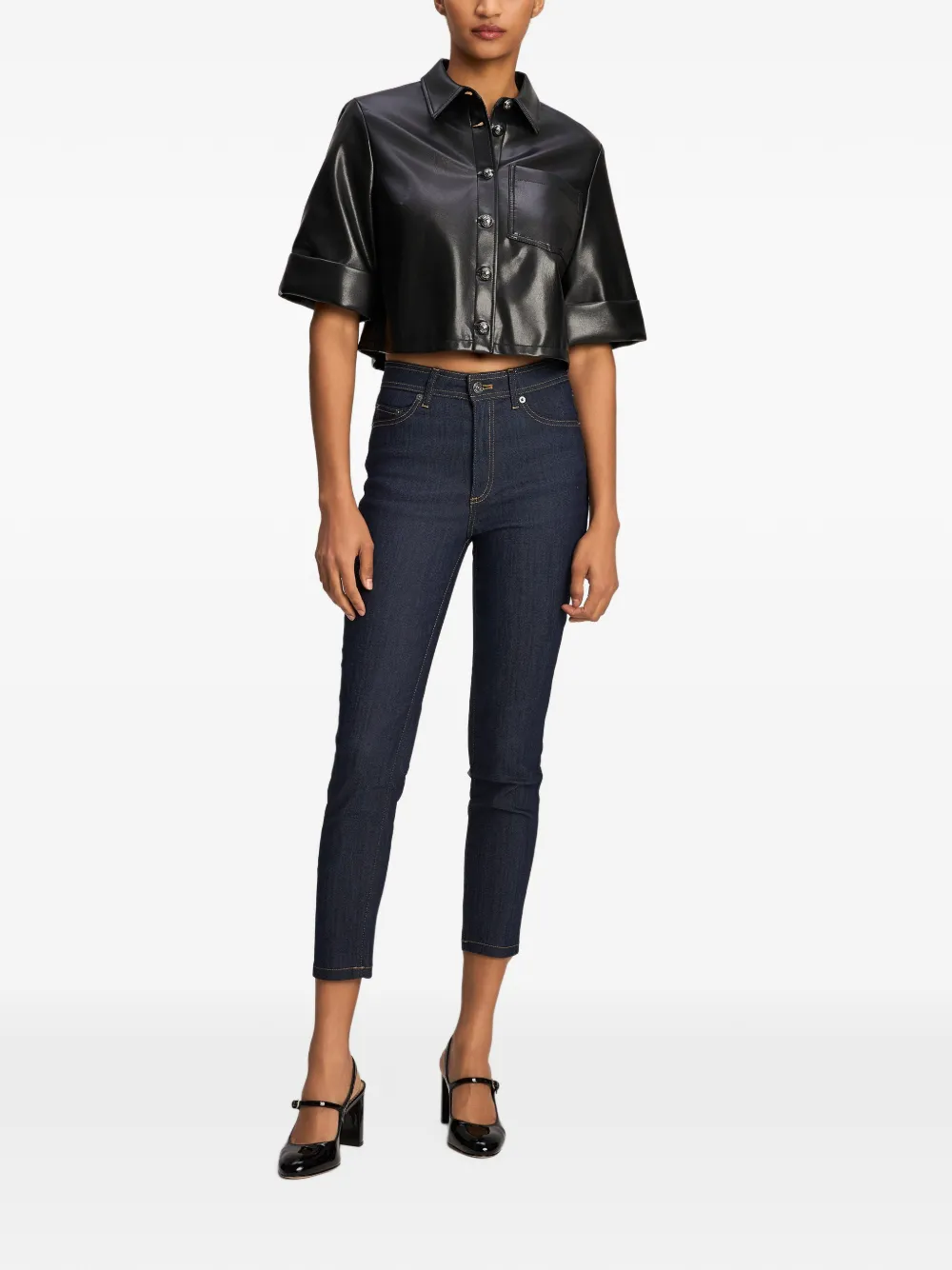 Cinq A Sept Aiden faux-leather cropped shirt Zwart
