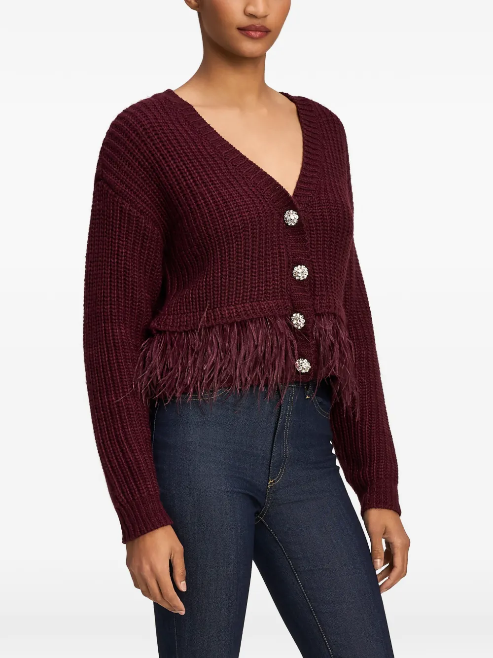 Cinq A Sept Krissi feather-trim crystal-button cardigan Rood