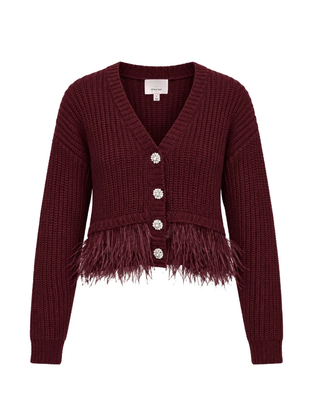 Cinq A Sept Krissi feather-trim crystal-button cardigan Rood