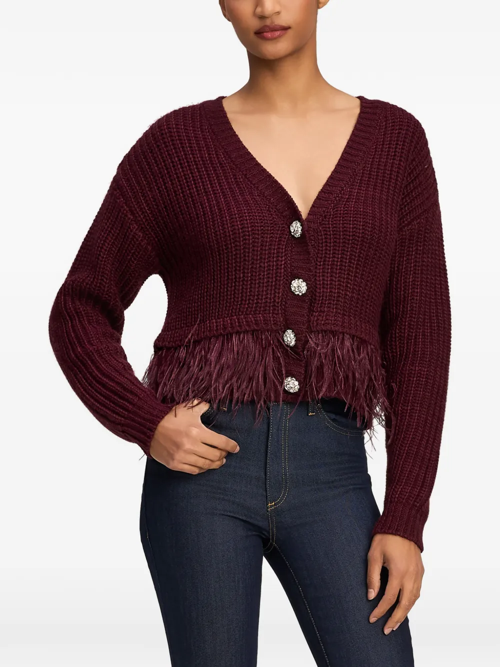 Cinq A Sept Krissi feather-trim crystal-button cardigan Rood