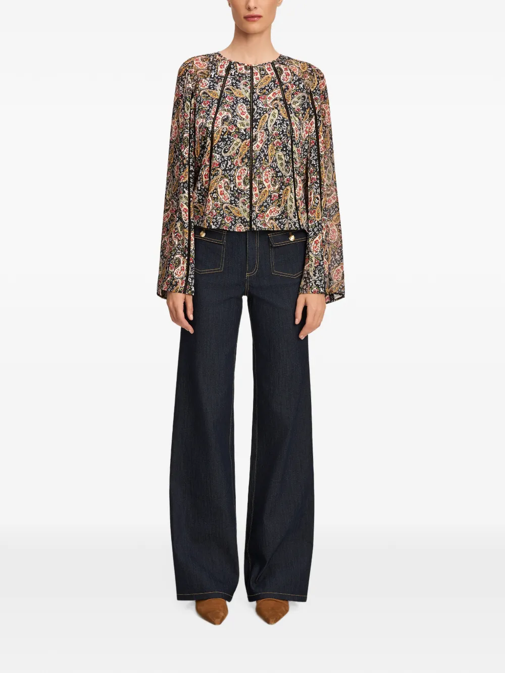 Cinq A Sept Virelia paisley-print lace-trim blouse Zwart