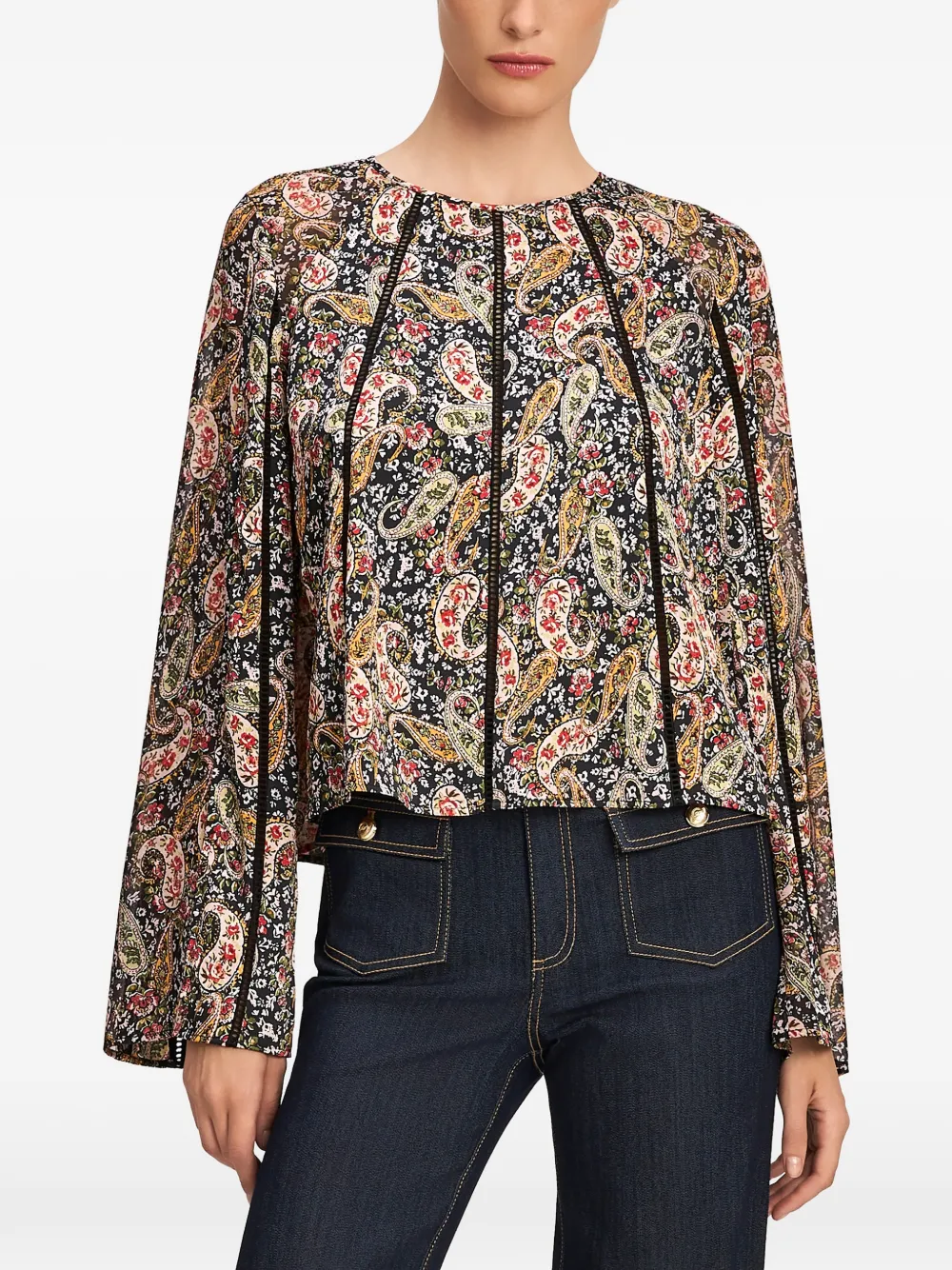 Cinq A Sept Virelia paisley-print lace-trim blouse Zwart