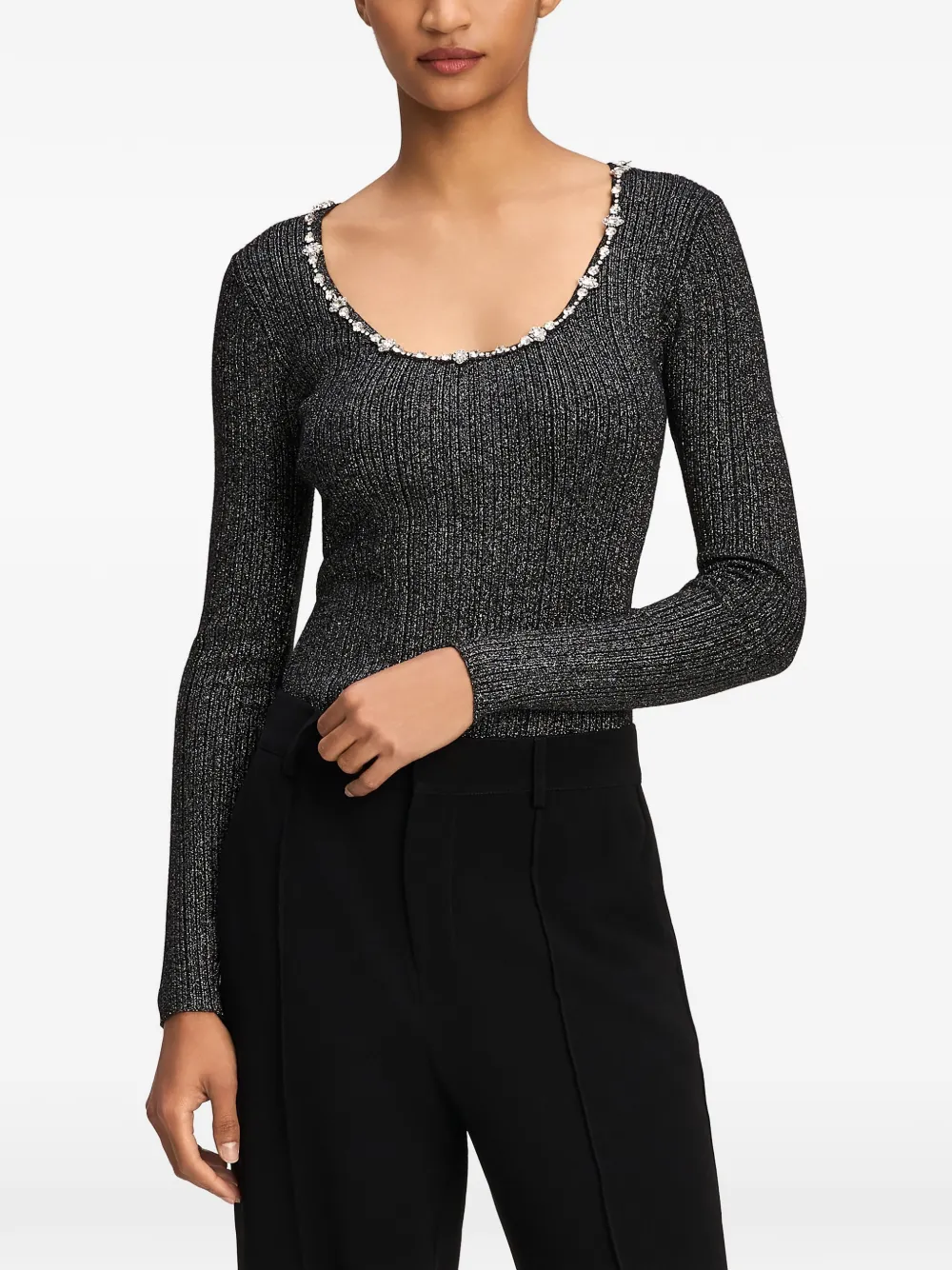 Cinq A Sept Aminta crystal-embellished ribbed T-shirt Zwart