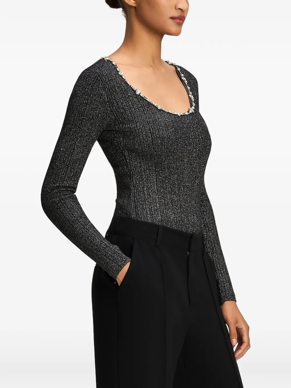 Cinq A Sept Aminta crystal-embellished ribbed T-shirt Zwart