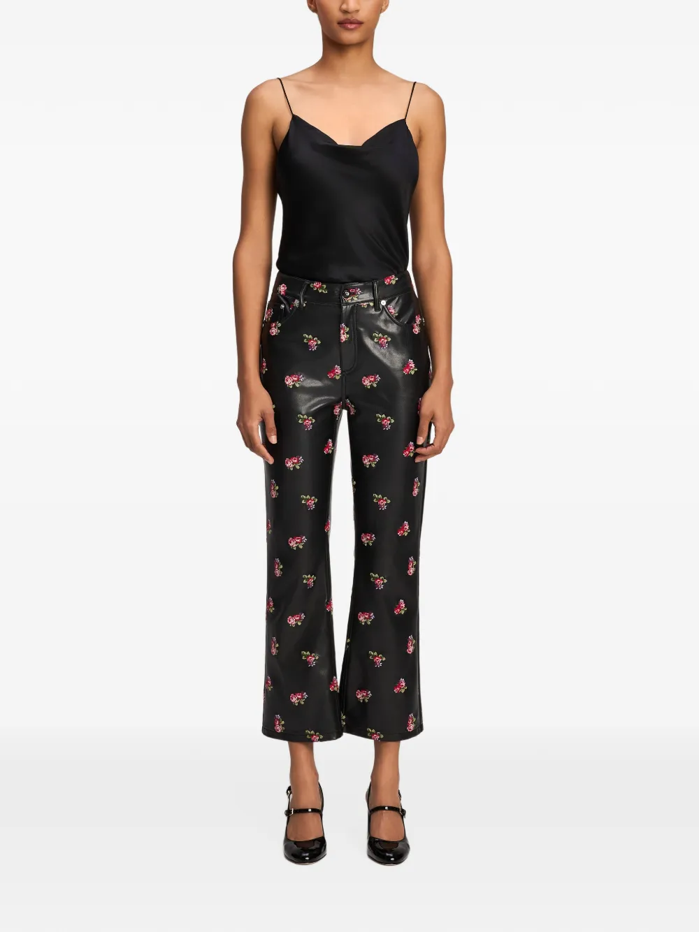 Cinq A Sept Stevie tossed-roses faux-leather trousers Zwart