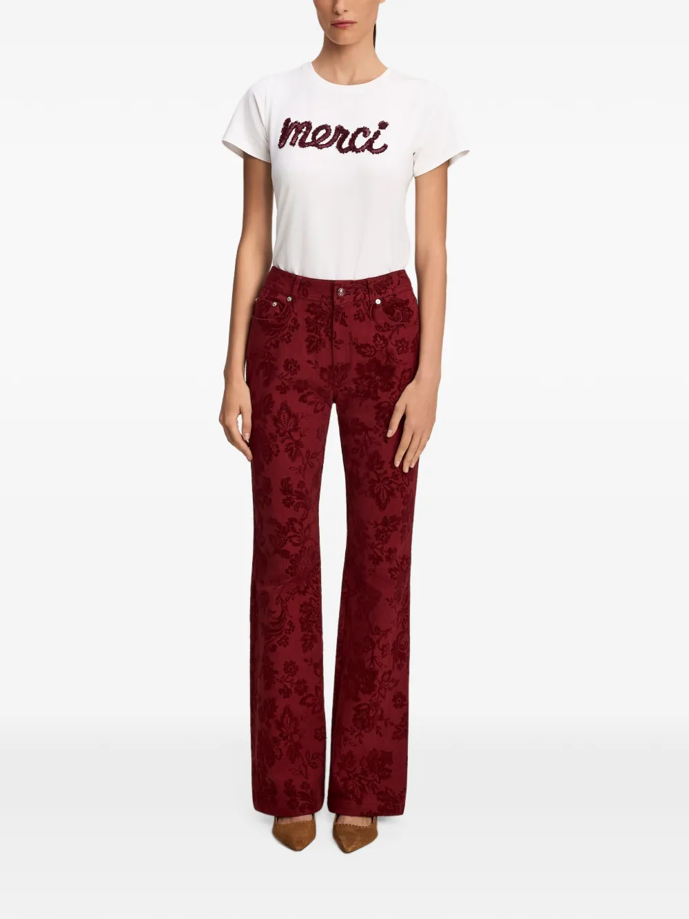 Cinq A Sept Stevie paisley-flocked jeans Rood