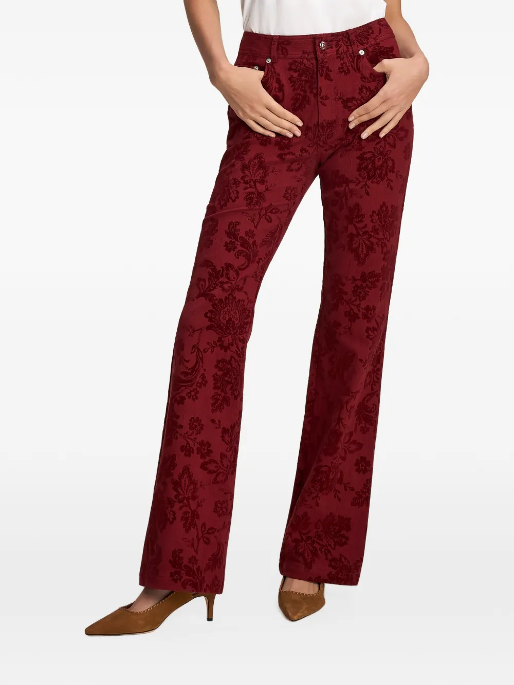 Cinq A Sept Stevie paisley-flocked jeans Rood