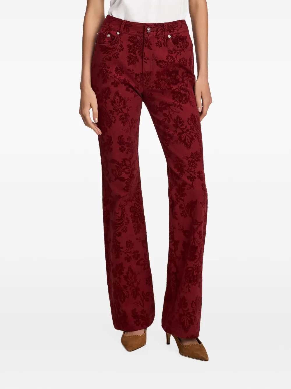 Cinq A Sept Stevie paisley-flocked jeans Rood