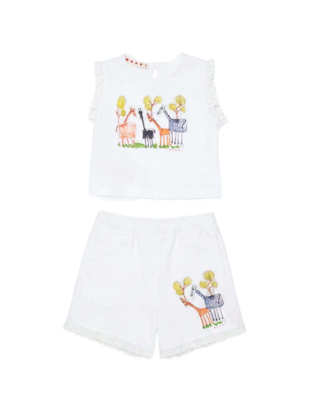 Marni Kids giraffe-print ruffled short set - Bianco